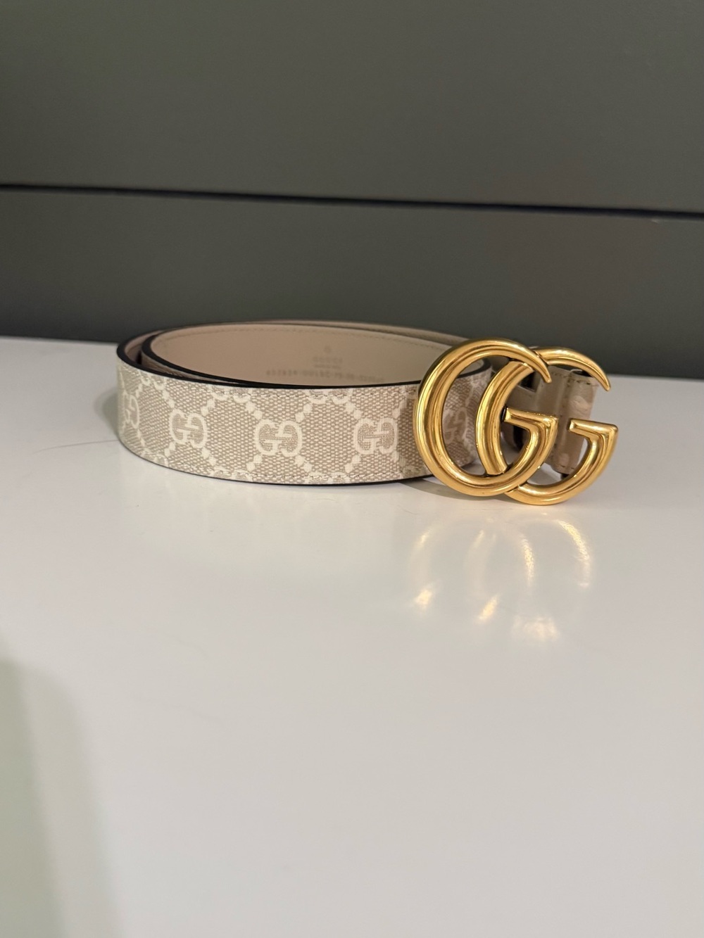 Gucci Beige GG Canvas Belt with Gold Double G Buckle
